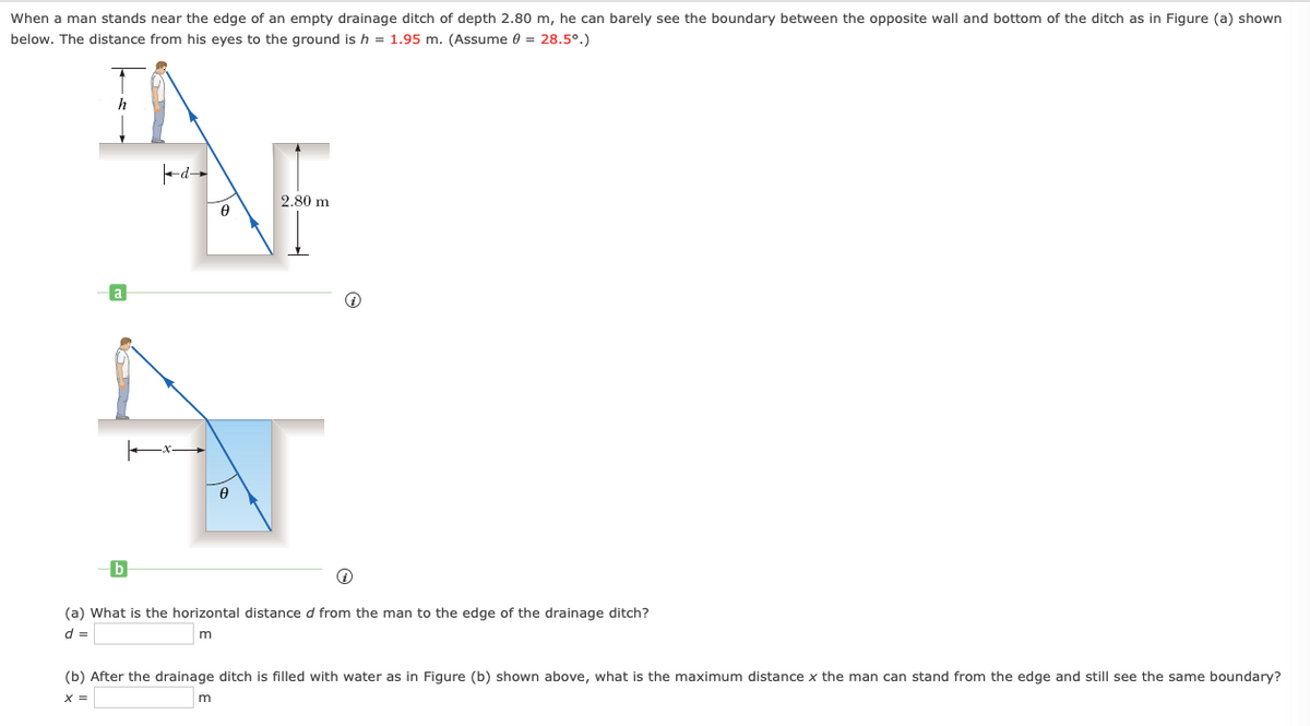 When a man stands near the edge of an empty drainage ditch of depth 2.80 m, he can barely see the boundary between the opposite wall and bottom of the ditch as in Figure (a) shown
below. The distance from his eyes to the ground is h = 1.95 m. (Assume 0 = 28.5°.)
AF
-d--
2.80 m
(a) What is the horizontal distance d from the man to the edge of the drainage ditch?
d =
(b) After the drainage ditch is filled with water as in Figure (b) shown above, what is the maximum distance x the man can stand from the edge and still see the same boundary?
X =
