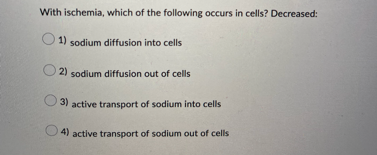 With ischemia, which of the following occurs in cells? Decreased:
1) sodium diffusion into cells
2) sodium diffusion out of cells
3) active transport of sodium into cells
4) active transport of sodium out of cells