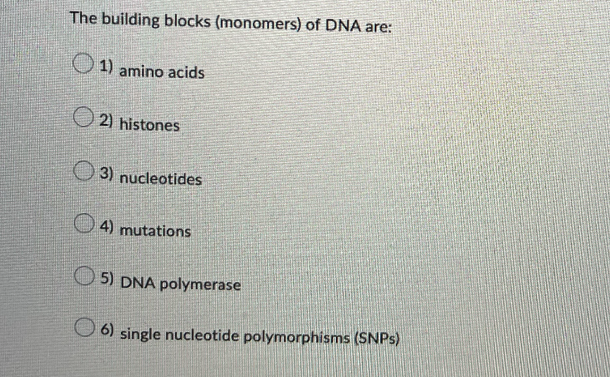 The building blocks (monomers) of DNA are:
1) amino acids
2) histones
3) nucleotides
4) mutations
5) DNA polymerase
6) single nucleotide polymorphisms (SNPs)
