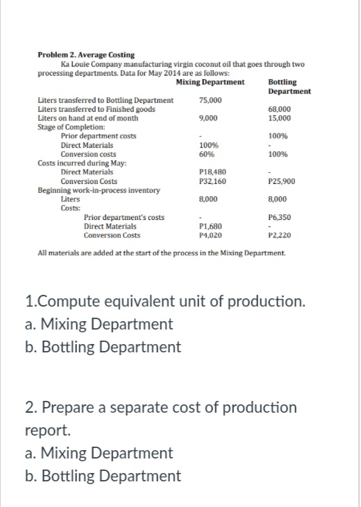 Problem 2. Average Costing
Ka Louie Company manufacturing virgin coconut oil that goes through two
processing departments. Data for May 2014 are as follows:
Mixing Department
Bottling
Department
Liters transferred to Bottling Department
Liters transferred to Finished goods
Liters on hand at end of month
75,000
68,000
15,000
9,000
Stage of Completion:
Prior department costs
Direct Materials
100%
100%
Conversion costs
Costs incurred during May:
Direct Materials
Conversion Costs
Beginning work-in-process inventory
60%
100%
P18,480
P32,160
P25,900
Liters
8,000
8,000
Costs:
Prior department's costs
Direct Materials
Conversion Costs
P6,350
P1,680
P4,020
P2,220
All materials are added at the start of the process in the Mixing Department.
1.Compute equivalent unit of production.
a. Mixing Department
b. Bottling Department
2. Prepare a separate cost of production
report.
a. Mixing Department
b. Bottling Department
