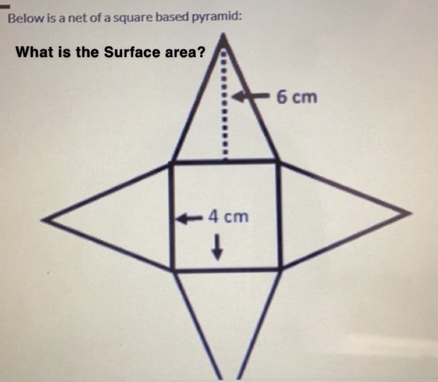 Below is a net of a square based pyramid:
What is the Surface area?
6 cm
4 cm
