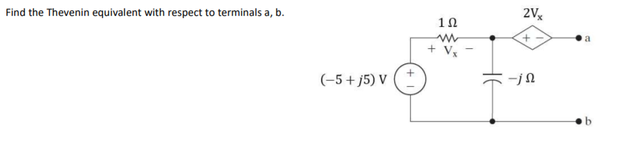 2Vx
Find the Thevenin equivalent with respect to terminals a, b.
10
a
+ Vx
(-5+ j5) V
(*
-jn
