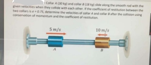 t Collar A (30 kg) and collar 8 (18 kg) slide along the smooth rod with the
given velocities when they collide with each other. If the coefficient of restitution between the
two collars is e0.75, determine the velocities of collar A and collar 8 after the collision using
conservation of momentum and the coefficient of restitution.
5 m/s
10 m/s
