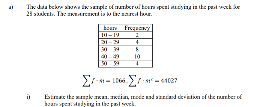 The data below shows the sample of number of hours spent studying in the past week for
28 students. The measurement is to the nearest hour.
a)
hours Frequency
10 – 19
20 – 29
4
30 – 39
8
40 – 49
10
50 – 59
4
Er-m = 1066. f -m²
= 44027
i)
Estimate the sample mean, median, mode and standard deviation of the number of
hours spent studying in the past week.
