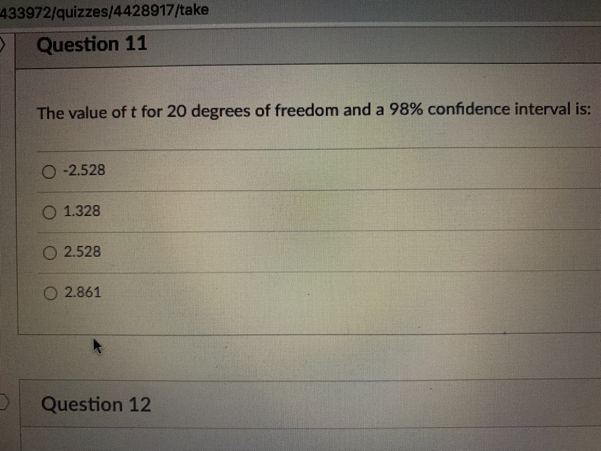 433972/quizzes/4428917/take
Question 11
The value of t for 20 degrees of freedom and a 98% confidence interval is:
-2.528
O 1.328
O 2.528
O 2.861
Question 12
