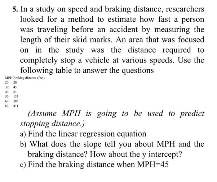 5. In a study on speed and braking distance, researchers
looked for a method to estimate how fast a person
was traveling before an accident by measuring the
length of their skid marks. An area that was focused
on in the study was the distance required to
completely stop a vehicle at various speeds. Use the
following table to answer the questions
MPH Braking distance (feet)
20
20
30 45
40
81
50
133
60
205
80
411
(Assume MPH is going to be used to predict
stopping distance.)
a) Find the linear regression equation
b) What does the slope tell you about MPH and the
braking distance? How about the y intercept?
c) Find the braking distance when MPH=45
