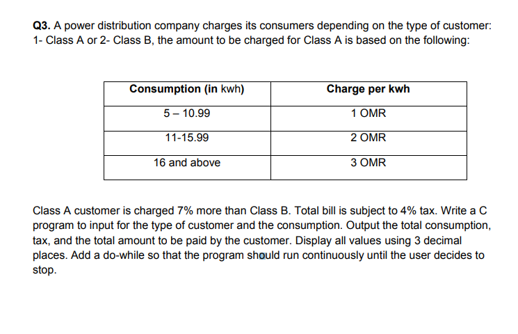 Q3. A power distribution company charges its consumers depending on the type of customer:
1- Class A or 2- Class B, the amount to be charged for Class A is based on the following:
Consumption (in kwh)
Charge per kwh
5 – 10.99
1 OMR
11-15.99
2 OMR
16 and above
3 OMR
Class A customer is charged 7% more than Class B. Total bill is subject to 4% tax. Write a C
program to input for the type of customer and the consumption. Output the total consumption,
tax, and the total amount to be paid by the customer. Display all values using 3 decimal
places. Add a do-while so that the program should run continuously until the user decides to
stop.
