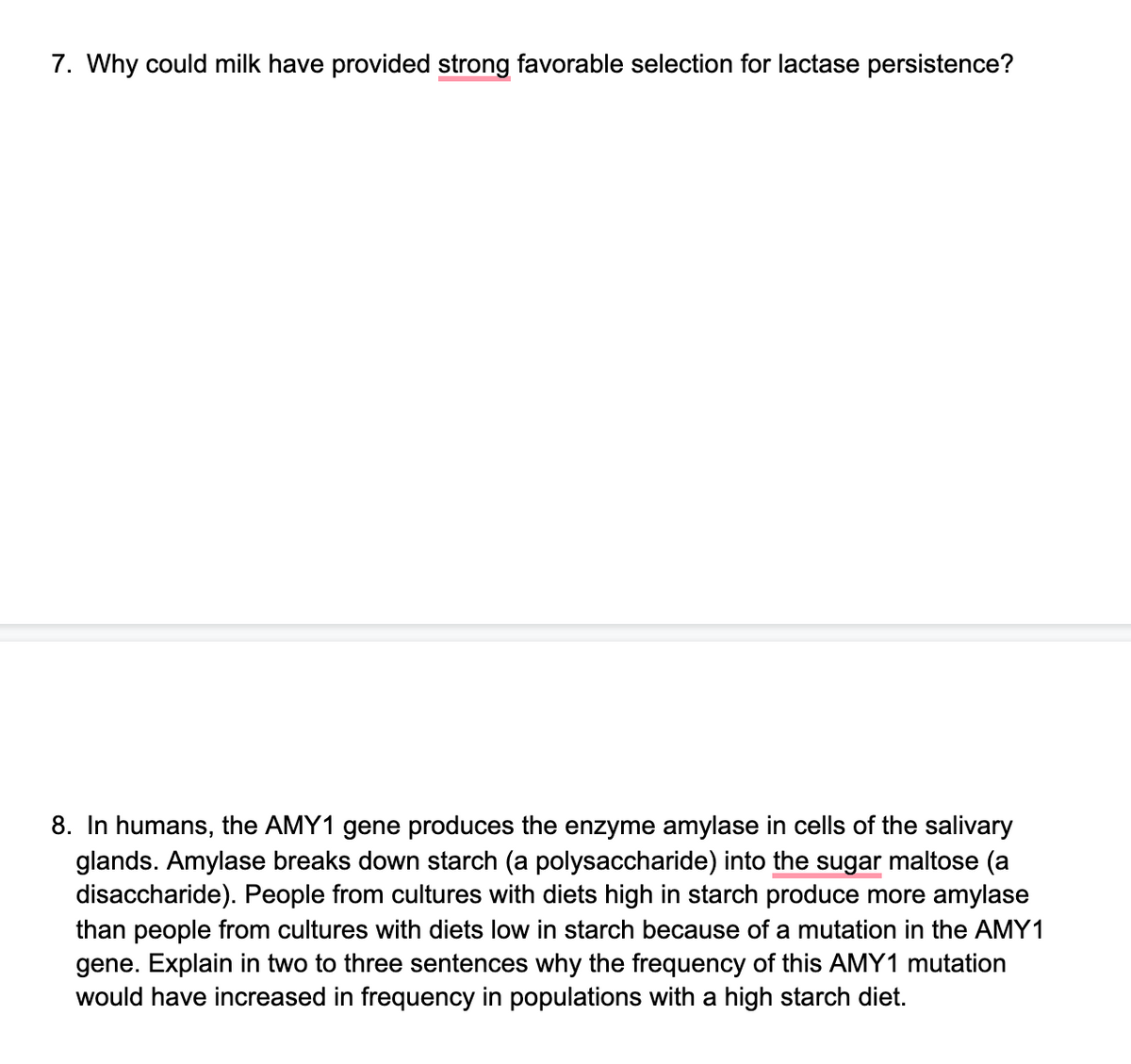 7. Why could milk have provided strong favorable selection for lactase persistence?
8. In humans, the AMY1 gene produces the enzyme amylase in cells of the salivary
glands. Amylase breaks down starch (a polysaccharide) into the sugar maltose (a
disaccharide). People from cultures with diets high in starch produce more amylase
than people from cultures with diets low in starch because of a mutation in the AMY1
gene. Explain in two to three sentences why the frequency of this AMY1 mutation
would have increased in frequency in populations with a high starch diet.
