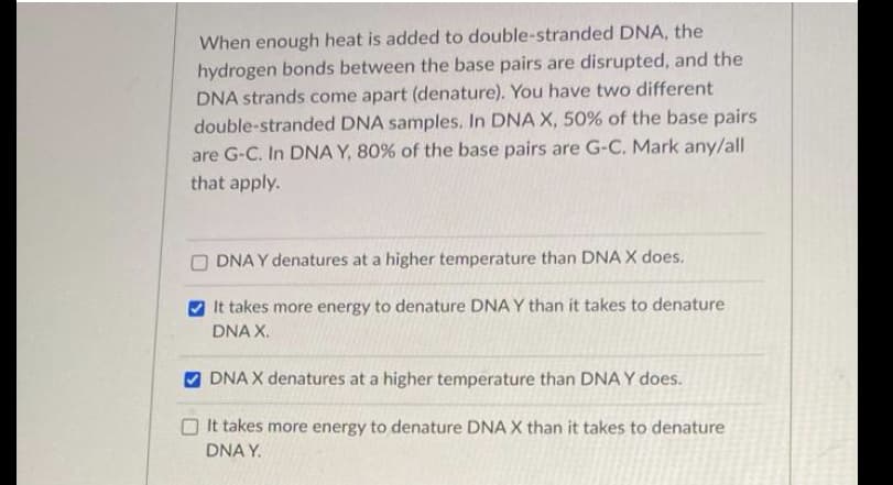 When enough heat is added to double-stranded DNA, the
hydrogen bonds between the base pairs are disrupted, and the
DNA strands come apart (denature). You have two different
double-stranded DNA samples. In DNA X, 50% of the base pairs
are G-C. In DNA Y, 80% of the base pairs are G-C. Mark any/all
that apply.
DNA Y denatures at a higher temperature than DNA X does.
It takes more energy to denature DNA Y than it takes to denature
DNA X.
DNA X denatures at a higher temperature than DNA Y does.
O It takes more energy to denature DNA X than it takes to denature
DNA Y.
