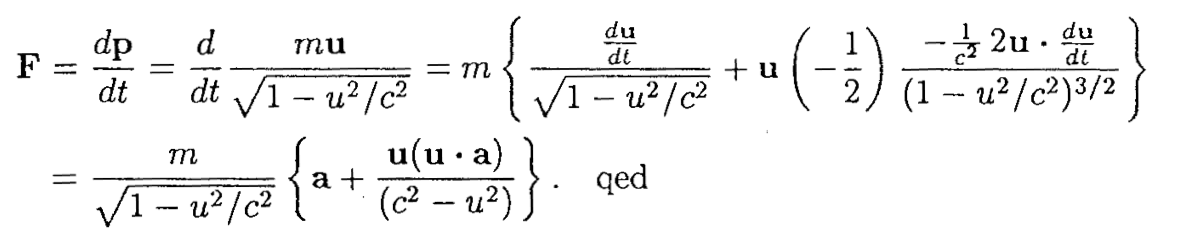 F
=
dp
d
mu
dt dt √1-u²/c²
=
M
√1-u²/c²
{
a +
du
dt
m
u
= ({ √ ₁ - ³ / + " ( - )
√1-u²/c²
₁
(1 -- u²/c²)³/2
u(u.a)
qed
(c²-u²
21. du
dt
42) }