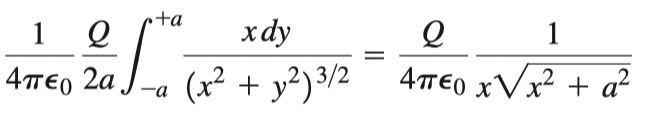 4TE0 2a/ ;
+a
1 2
xdy
1
4T€, 2a J-a (x² + y²)3/2¯ 4T€0 xV² + a²
(x² + y?) 3/2
-а
