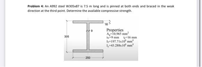 Problem 4: An A992 steel W305x87 is 7.5 m long and is pinned at both ends and braced in the weak
direction at the third point. Determine the available compressive strength.
16
Properties
A,-10,965 mm
tw9 mm 16 mm
l-197.71x10 mm
1,-43.288x 10 mm
305
250
