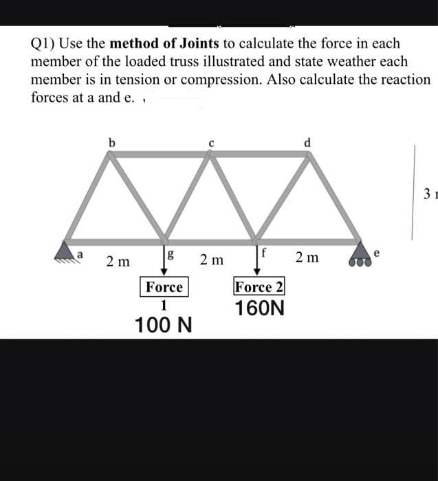 Q1) Use the method of Joints to calculate the force in each
member of the loaded truss illustrated and state weather each
member is in tension or compression. Also calculate the reaction
forces at a and e..
b
d
3 E
2 m
2 m
2 m
Force 2
160N
Force
1
100 N
