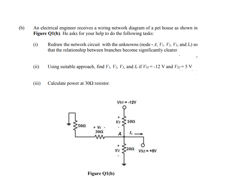 (b)
An electrical engineer receives a wiring network diagram of a pet house as shown in
Figure Q1(b). He asks for your help to do the following tasks:
(i)
Redraw the network circuit with the unknowns (node - A, V1, V2, V3, and Ix) so
that the relationship between branches become significantly clearer.
(ii)
Using suitable approach, find V1, V2, V3, and Ik if Vsı = -12 V and Vs2= 5 V
(iii)
Calculate power at 30Q resistor.
Vs1 = -12V
V2
10Ω
500
+ V:
300
A
20Ω
V3
Vs2 = +5V
Figure Q1(b)
