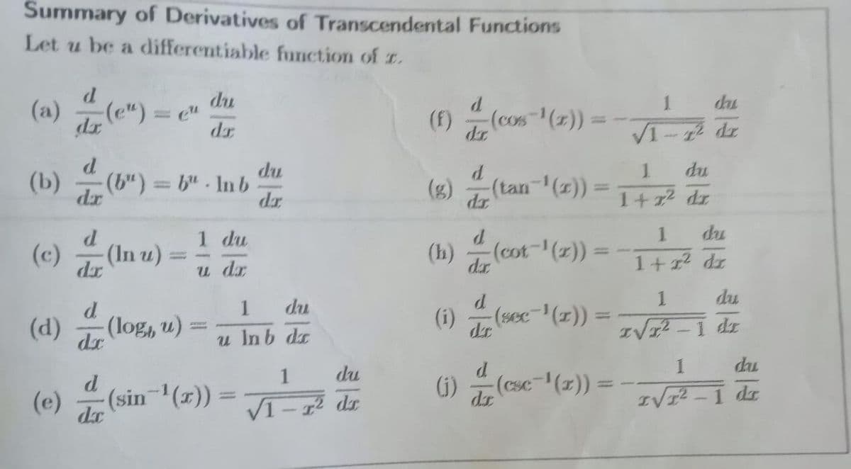 Summary of Derivatives of Transcendental Functions
Let u be a differentiable function of z.
du
d
-(e") = eu
dr
(cos-¹(r))
dr
da
du
d
(b)(b) = br. Inb
(tan-¹(z))=
dr
dr.
d
1 du
d
(c) (In u)
(cot-¹(2)) =
dr
u dr
da
d
d
1
du
(sec-¹(r))=
(d)
(log, u)
dr
da
u lnb dr
1
du
d
d
(csc-¹(x)) =
(e) (sin-¹(x)) =
dr
VI-² de
(F)
(8)
(h)
(1)
(j)
1
du
√1
- dr
F
1.
du
1+z² dr
1
du
1+r² dr
du
1
I√T²2²-1 dr
1
du
I√1²¹-1 dr