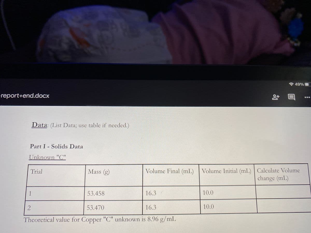 令49%
report+end.docx
Data: (List Data; use table if needed.)
Part I - Solids Data
Unknown "C"
Volume Final (mL) | Volume Initial (mL) Calculate Volume
change (mL)
Trial
Mass (g)
1
53.458
16.3
10.0
53.470
16.3
10.0
Theoretical value for Copper "C" unknown is 8.96 g/mL
