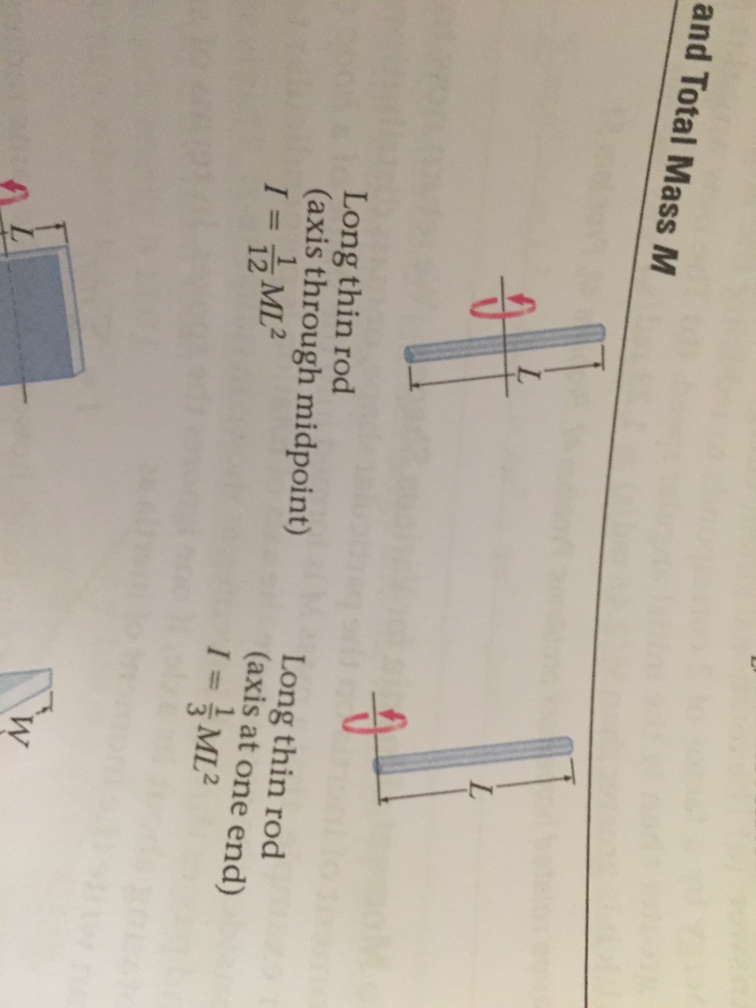 and Total Mass M
L.
L.
Long thin rod
(axis through midpoint)
ML²
Long thin rod
(axis at one end)
I= ML²
I = ML2
12
