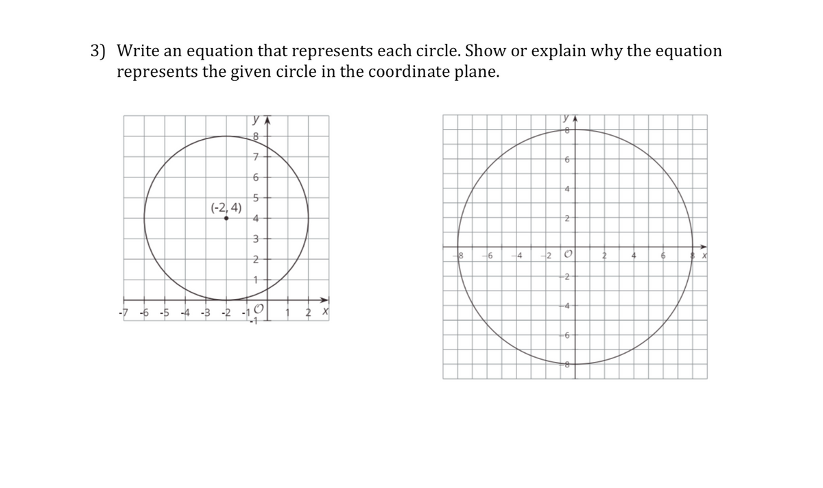 3) Write an equation that represents each circle. Show or explain why the equation
represents the given circle in the coordinate plane.
y
8
7
6
6
5
4
3
2
18
6
X
-7 -6 -5
(-2,4)
-3 -2
+
X
16
4
-2
4
2
2
+4-
6
2
4
