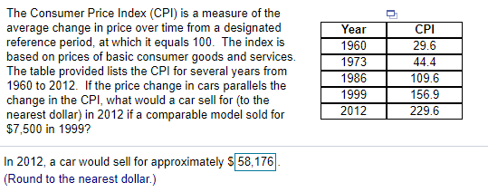 The Consumer Price Index (CPI) is a measure of the
average change in price over time from a designated
reference period, at which it equals 100. The index is
based on prices of basic consumer goods and services.
The table provided lists the CPI for several years from
1960 to 2012. If the price change in cars parallels the
change in the CPI, what would a car sell for (to the
nearest dollar) in 2012 if a comparable model sold for
$7,500 in 1999?
Year
CPI
1960
29.6
1973
1986
44.4
109.6
156.9
1999
2012
229.6
In 2012, a car would sell for approximately $ 58,176
(Round to the nearest dollar.)
