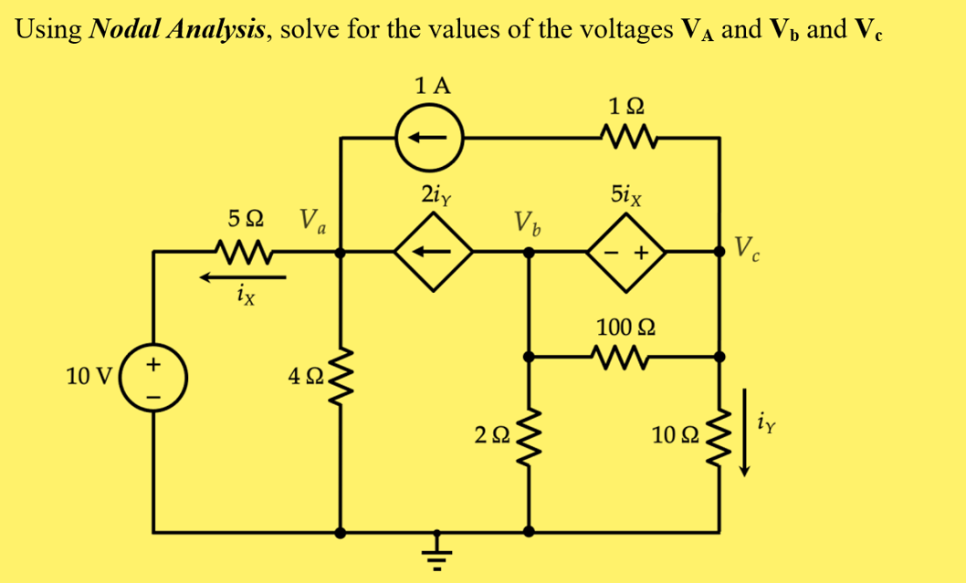 Using Nodal Analysis, solve for the values of the voltages V and V₁ and Vc
14
1Ω
5ix
5Ω
Va
V.
ix
10 V
+
4Ω
ww
2iy
Hi
2Ω
V₂
Μ
+
100 Ω
10 Ω
Μ
iy