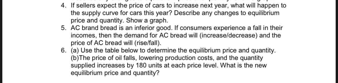 4. If sellers expect the price of cars to increase next year, what will happen to
the supply curve for cars this year? Describe any changes to equilibrium
price and quantity. Show a graph.
5. AC brand bread is an inferior good. If consumers experience a fall in their
incomes, then the demand for AC bread will (increase/decrease) and the
price of AC bread will (rise/fall).
6. (a) Use the table below to determine the equilibrium price and quantity.
(b) The price of oil falls, lowering production costs, and the quantity
supplied increases by 180 units at each price level. What is the new
equilibrium price and quantity?