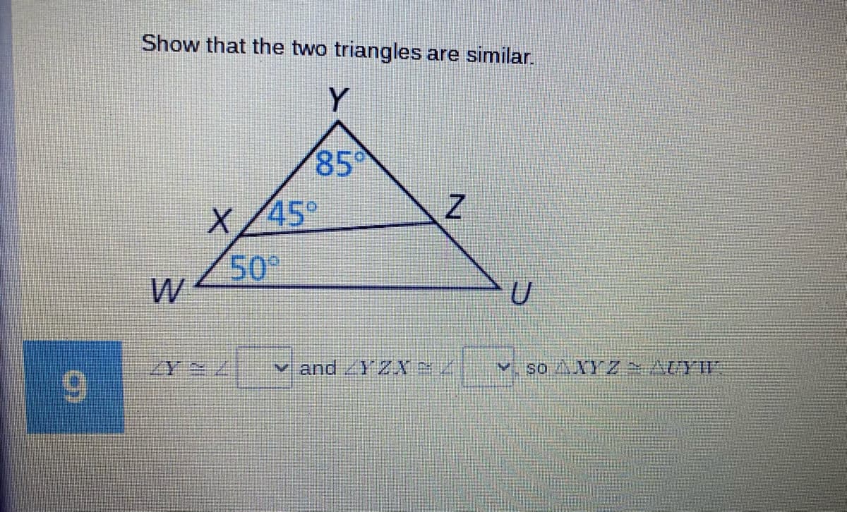 Show that the two triangles are similar.
Y
85
X/45°
50°
W
and YZX
so AXYZ AUYW
6.
