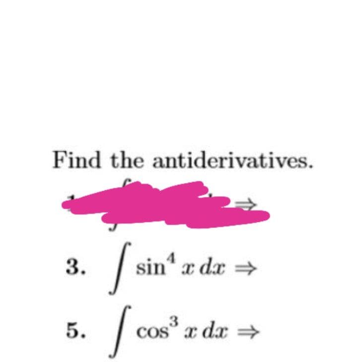 Find the antiderivatives.
sin' z dz =
5.
cos" x dx =
3.
