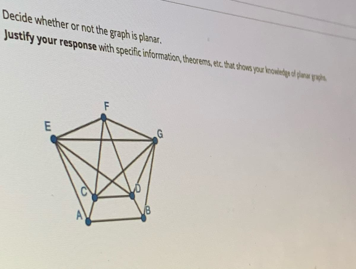 Decide whether or not the graph is planar.
Justify your response with specific information, theorems, etc. that shows your knowledge of planar graphs
F
G
B
A
E.
