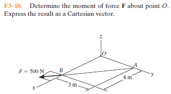 F3-10. Determine the moment of force F about point O.
Express the result as a Cartesian vector.
F = 500 N
4 m
