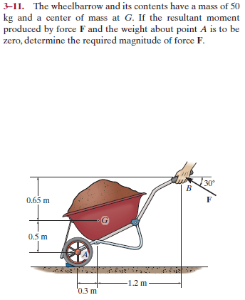 3-11. The wheelbarrow and its contents have a mass of 50
kg and a center of mass at G. If the resultant moment
produced by force F and the weight about point A is to be
zero, determine the required magnitude of force F.
30°
0.65 m
0.5 m
-1.2 m
'0.3 m
