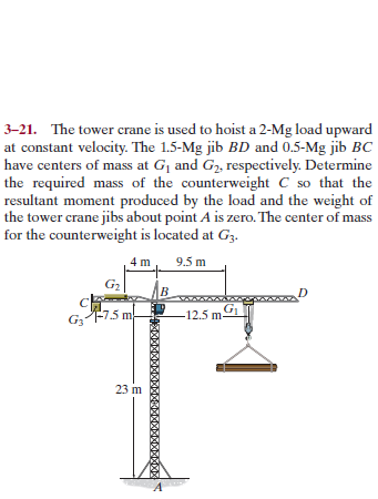 3–21. The tower crane is used to hoist a 2-Mg load upward
at constant velocity. The 1.5-Mg jib BD and 0.5-Mg jib BC
have centers of mass at Gj and G2, respectively. Determine
the required mass of the counterweight C so that the
resultant moment produced by the load and the weight of
the tower crane jibs about point A is zero. The center of mass
for the counterweight is located at G3.
4 m
9.5 m
G2
-12.5 m-
GF75 m
23 m
