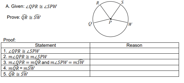 R
A. Given: 2QPR = ZSPW
Prove: QR = SW
Proof:
Statement
Reason
1. ZQPR = LSPW
2. M2QPR MZSPW
3. M2QPR = mỘŘ and M¿SPW = mŠW
4. mQŘ = mŠW
5. QR SW
