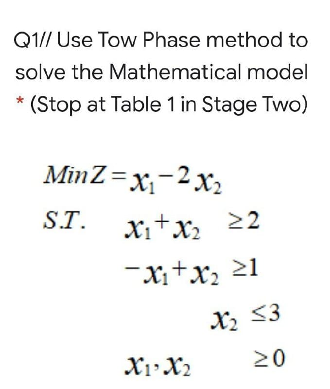 Q1// Use Tow Phase method to
solve the Mathematical model
* (Stop at Table 1 in Stage Two)
MinZ=x,-2 x2
S.T.
X1+x2 22
-Xi+x, 21
X, 33
X1• X2
20
