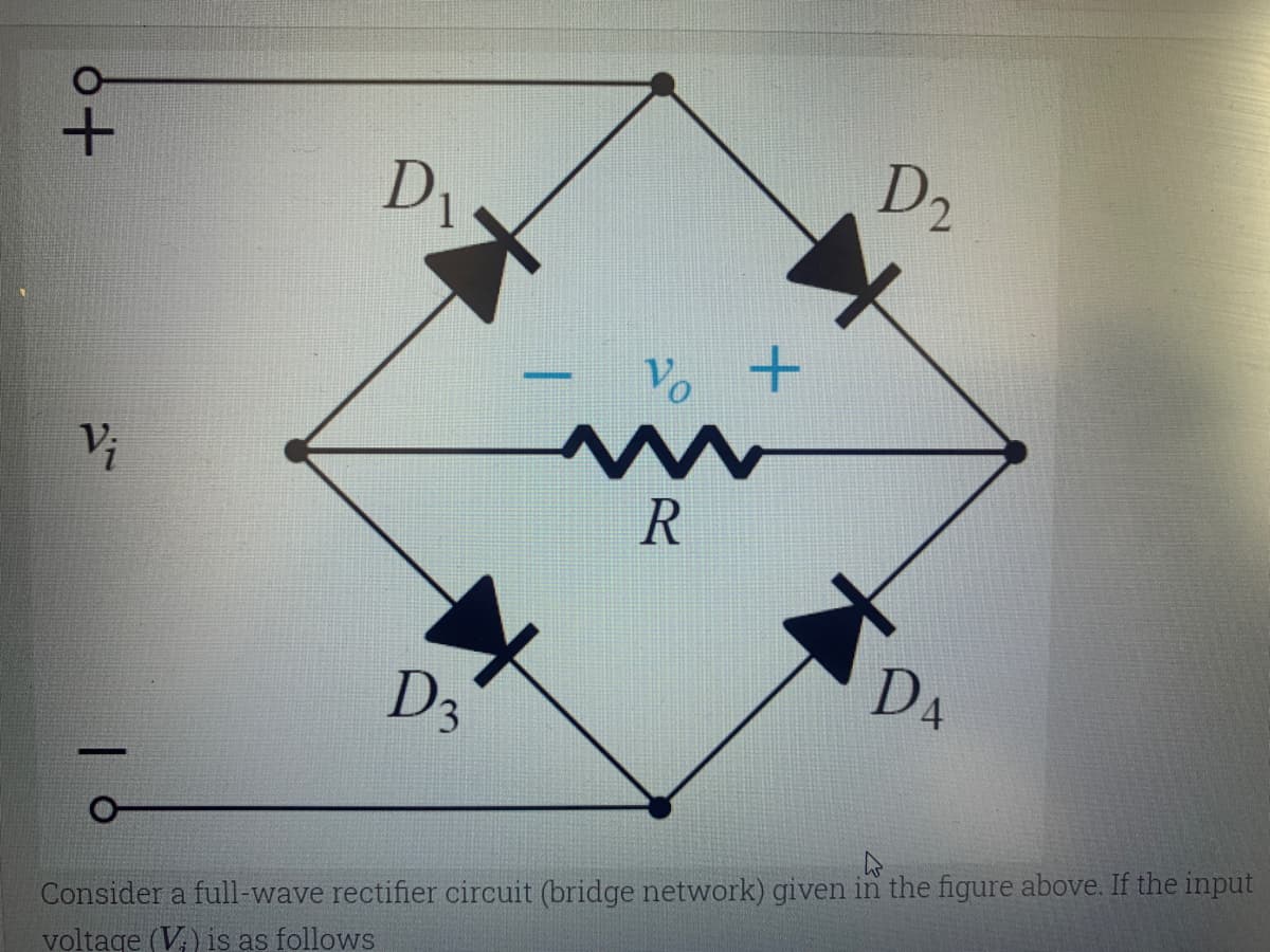 D1
D2
Vo +
-
DA
D3
Consider a full-wave rectifier circuit (bridge network) given in the figure above. If the input
voltage (V) is as follows
