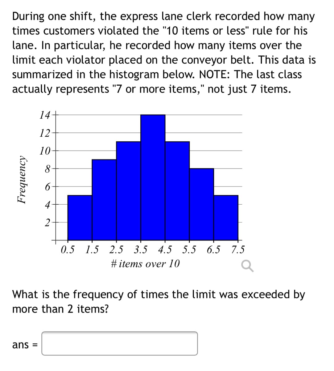 During one shift, the express lane clerk recorded how many
times customers violated the "10 items or less" rule for his
lane. In particular, he recorded how many items over the
limit each violator placed on the conveyor belt. This data is
summarized in the histogram below. NOTE: The last class
actually represents "7 or more items," not just 7 items.
14+
12-
10-
8
6-
4
2
0.5 1.5 2.5 3.5 4.5 5.5 6.5 7.5
#items over 10
What is the frequency of times the limit was exceeded by
more than 2 items?
ans =
Frequency