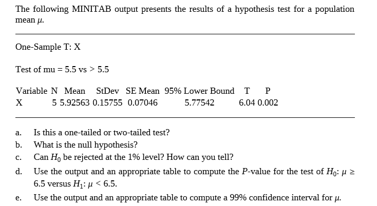 The following MINITAB output presents the results of a hypothesis test for a population
mean u.
One-Sample T: X
Test of mu = 5.5 vs > 5.5
Variable N Mean
StDev SE Mean 95% Lower Bound T P
х
5 5.92563 0.15755 0.07046
5.77542
6.04 0.002
Is this a one-tailed or two-tailed test?
a.
b.
What is the null hypothesis?
Can Ho be rejected at the 1% level? How can you tell?
C.
d.
Use the output and an appropriate table to compute the P-value for the test of Ho: µ 2
6.5 versus H1: µ < 6.5.
Use the output and an appropriate table to compute a 99% confidence interval for µ.
e.
