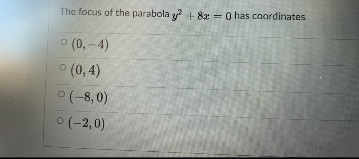 The focus of the parabola y? + 8x = 0 has coordinates
o (0,-4)
(0,4)
(-8,0)
0(-2,0)
