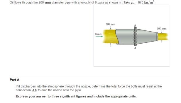 Oil flows through the 200-mm-diameter pipe with a velocity of 8 m/s as shown in . Take P, = 870 kg/m
200 mm
100 mm
8 mis
Part A
If it discharges into the atmosphere through the nozzle, determine the total force the bolts must resist at the
connection AB to hold the nozzle onto the pipe.
Express your answer to three significant figures and include the appropriate units.
