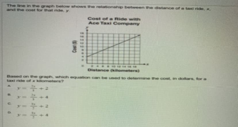 The line in the graph below shows the relationship between the distance of a taoxi ride, x.
and the cost for that ride, y
Cost of a Ride with
Ace Taxi Company
18
14
1610
Distance (kilometers)
Based on the graph, which equation can be used to determine the cost, in dollas, for a
taxi ride of x kilometers?
B.
C.
(s) 1900
