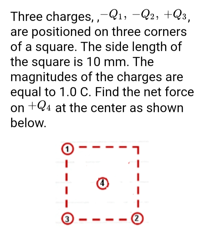 Three charges, ,-Q1, -Q2, +Q3,
are positioned on three corners
of a square. The side length of
the square is 10 mm. The
magnitudes of the charges are
equal to 1.0 C. Find the net force
on +Q4 at the center as shown
below.
3
