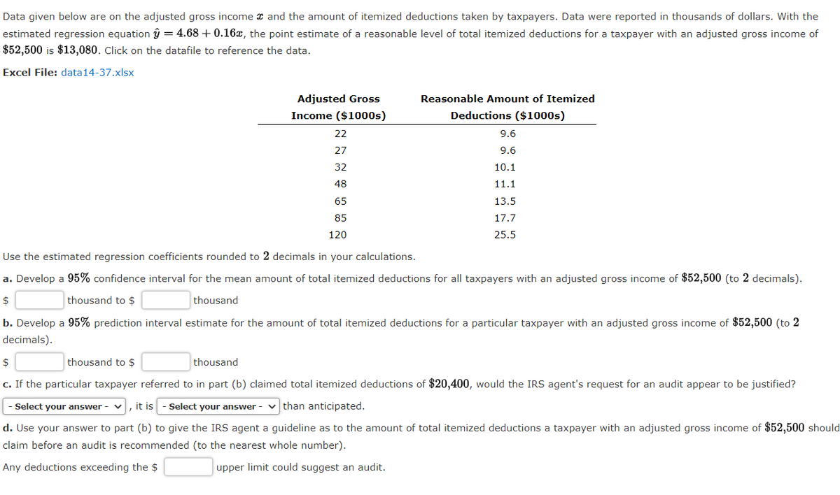 Data given below are on the adjusted gross income x and the amount of itemized deductions taken by taxpayers. Data were reported in thousands of dollars. With the
estimated regression equation ŷ = 4.68 + 0.16x, the point estimate of a reasonable level of total itemized deductions for a taxpayer with an adjusted gross income of
$52,500 is $13,080. Click on the datafile to reference the data.
Excel File: data14-37.xlsx
Adjusted Gross
Reasonable Amount of Itemized
Income ($1000s)
Deductions ($1000s)
22
9.6
27
9.6
32
10.1
48
11.1
65
13.5
85
17.7
120
25.5
Use the estimated regression coefficients rounded to 2 decimals in your calculations.
a. Develop a 95% confidence interval for the mean amount of total itemized deductions for all taxpayers with an adjusted gross income of $52,500 (to 2 decimals).
$
thousand to $
thousand
b. Develop a 95% prediction interval estimate for the amount of total itemized deductions for a particular taxpayer with an adjusted gross income of $52,500 (to 2
decimals).
$
thousand to $
thousand
c. If the particular taxpayer referred to in part (b) claimed total itemized deductions of $20,400, would the IRS agent's request for an audit appear to be justified?
Select your answer - v
it is - Select your answer - v than anticipated.
d. Use your answer to part (b) to give the IRS agent a guideline as to the amount of total itemized deductions a taxpayer with an adjusted gross income of $52,500 should
claim before an audit is recommended (to the nearest whole number).
Any deductions exceeding the $
upper limit could suggest an audit.
