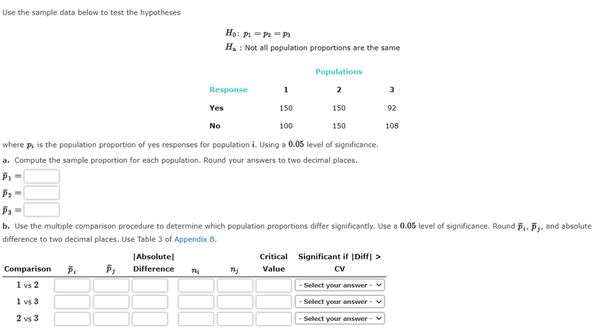 Use the sample data below to test the hypotheses
Ho: P1 = P2 = p3
Ha : Not all population proportions are the same
Populations
Response
1
2
Yes
150
150
92
No
100
150
108
where pi is the population proportion of yes responses for population i. Using a 0.05 level of significance.
a. Compute the sample proportion for each population. Round your answers to two decimal places.
P1 =
P2 =
P3 =
b. Use the multiple comparison procedure to determine which population proportions differ significantly. Use a 0.05 level of significance. Round pi, Pi, and absolute
difference to two decimal places. Use Table 3 of Appendix B.
|Absolute|
Critical
Significant if |Diff| >
Comparison
Difference
nj
Value
CV
1 vs 2
- Select your answer -
1 vs 3
Select your answer
2 vs 3
- Select your answer -
