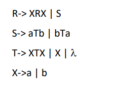 R-> XRX | S
S-> аTb | bTa
T-> XTX
X->a | b
