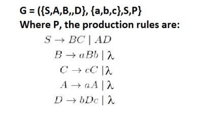 G = ({S,A,B,D}, {a,b,c},S,P}
Where P, the production rules are:
S → BC | AD
B → aBb |2
C → cC |1
A → aA |2
D → bDc | 2
