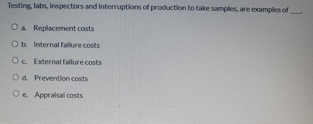 Testing, labs, inspectors and interruptions of production to take samples, are examples of
O a. Replacement costs
O b. Internal failure costs
O c. External failure costs
O d. Prevention costs
O e. Appraisal costs
