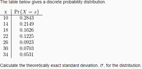 The table below gives a discrete probability distribution.
Pr{X = x}
0.2843
0.2149
0.1626
0.1225
0.0923
0.0703
0.0531
X
10
14
18
22
26
30
34
Calculate the theoretically exact standard deviation, O, for the distribution.