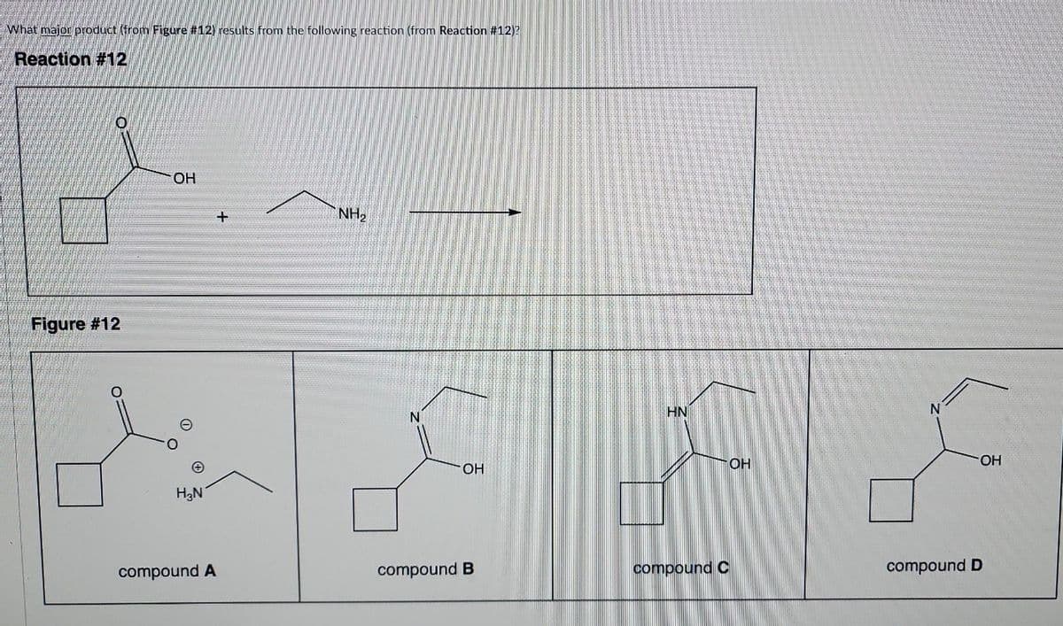 What major product (from Figure #12) results from the following reaction (from Reaction #12)?
Reaction #12
Figure #12
OH
H₂N
compound A
+
NH₂
OH
compound B
HN
compound C
OH
OH
compound D