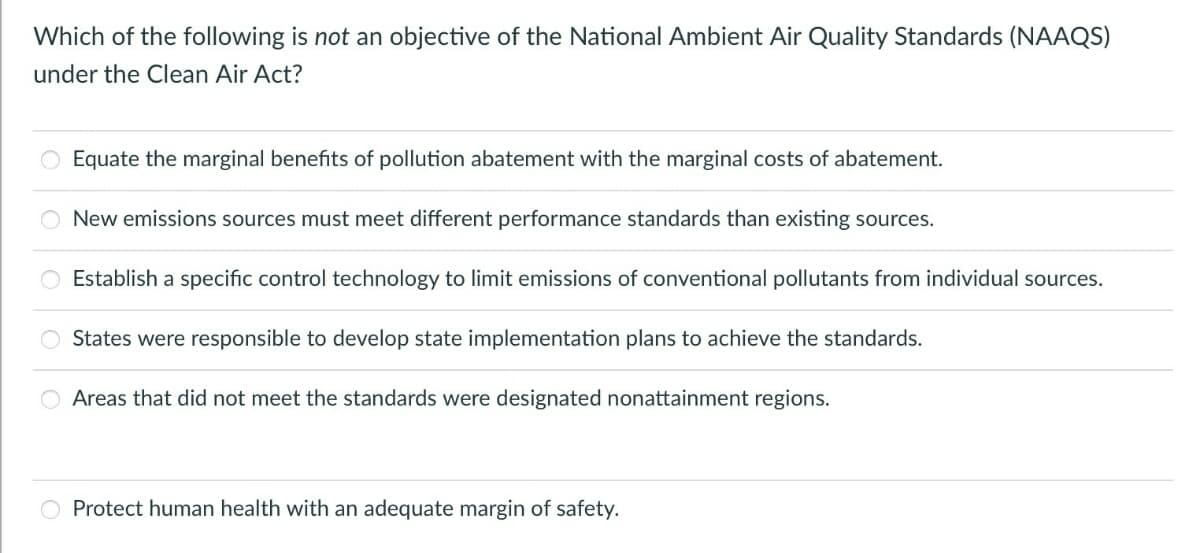 Which of the following is not an objective of the National Ambient Air Quality Standards (NAAQS)
under the Clean Air Act?
Equate the marginal benefits of pollution abatement with the marginal costs of abatement.
New emissions sources must meet different performance standards than existing sources.
O Establish a specific control technology to limit emissions of conventional pollutants from individual sources.
States were responsible to develop state implementation plans to achieve the standards.
Areas that did not meet the standards were designated nonattainment regions.
Protect human health with an adequate margin of safety.
