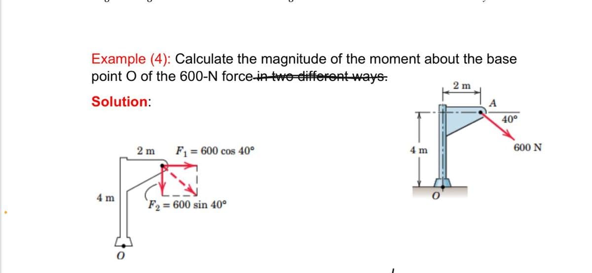 Example (4): Calculate the magnitude of the moment about the base
point O of the 600-N force-in twe different ways.
2 m
Solution:
A
40°
600 N
2 m
F1 = 600 cos 40°
4 m
4 m
F2 = 600 sin 40°
