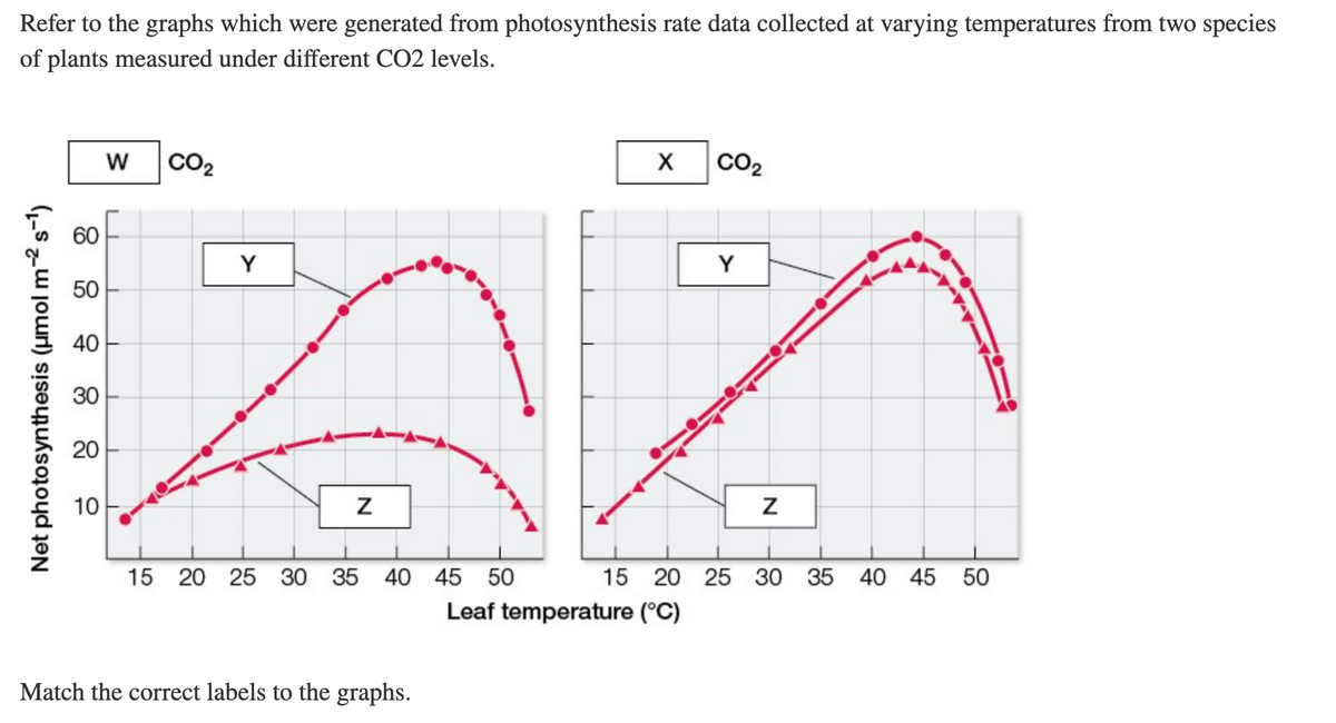 Refer to the graphs which were generated from photosynthesis rate data collected at varying temperatures from two species
of plants measured under different CO2 levels.
CO2
CO2
60
Y
Y
50
40
30
20
10
15 20 25 30
35 40 45 50
15 20 25 30 35 40 45 50
Leaf temperature (°C)
Match the correct labels to the graphs.
Net photosynthesis (umol m-2 s-')
